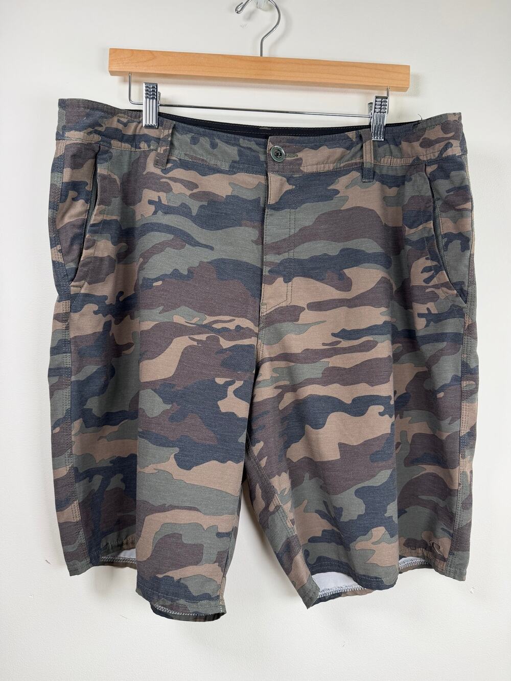 O'Neill Hyperfreak Hybrid Camo Swim Board Shorts Green Gray Size 38 Stretch Surf